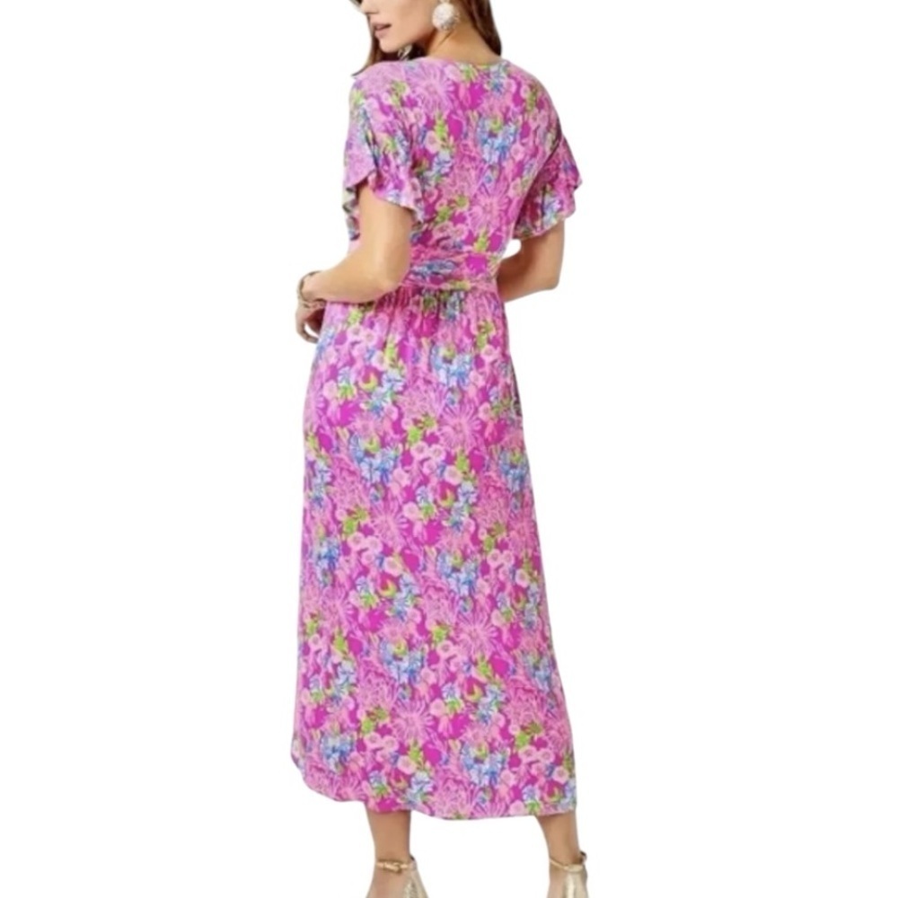 Lilly Pulitzer Anchorage Floral Faux Wrap Flutter Sleeve Midi Dress Women’s XS - Picture 4 of 13